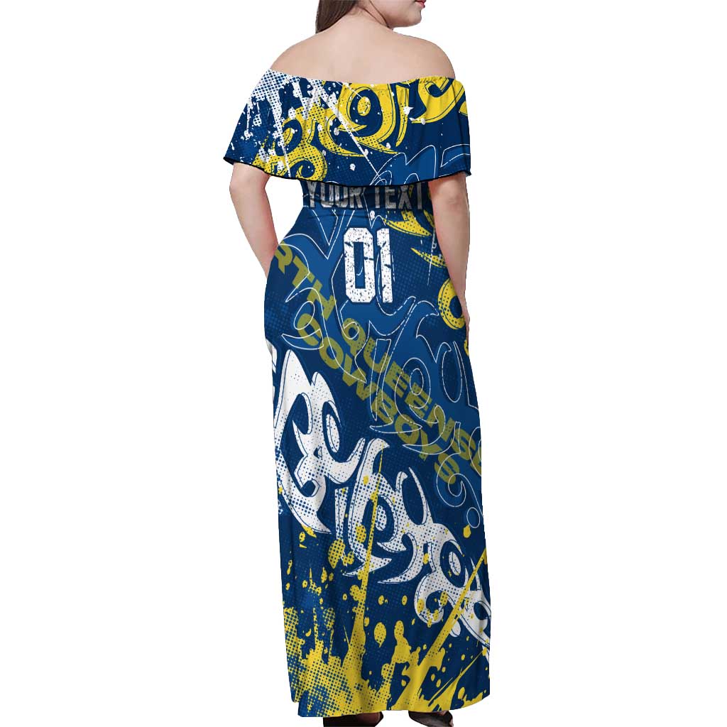 Personalized North Queensland Cowboys Rugby Off Shoulder Maxi Dress Urban Street Graffiti Style - Distressed Splatter Elements