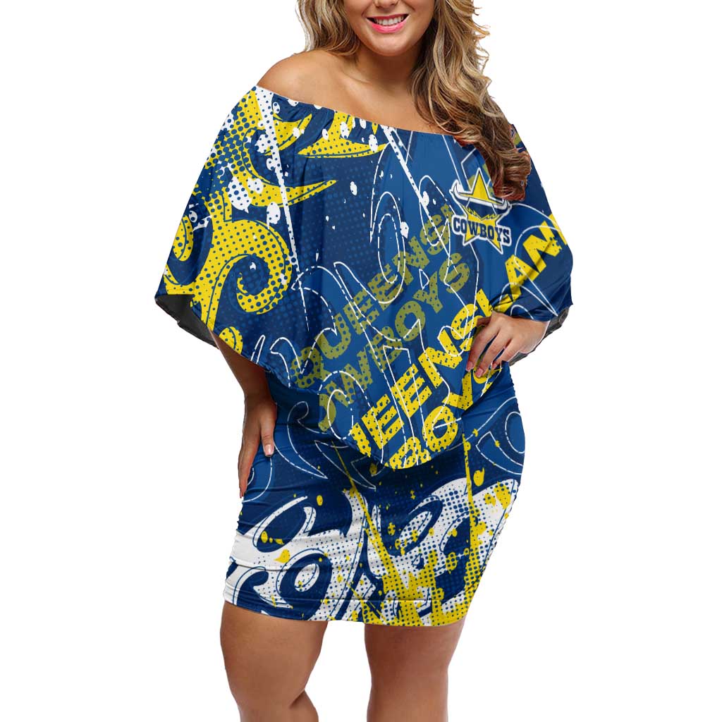 Personalized North Queensland Cowboys Rugby Off Shoulder Short Dress Urban Street Graffiti Style - Distressed Splatter Elements
