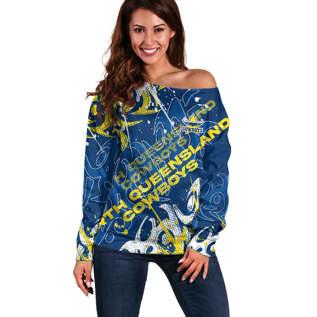 Personalized North Queensland Cowboys Rugby Off Shoulder Sweater Urban Street Graffiti Style - Distressed Splatter Elements
