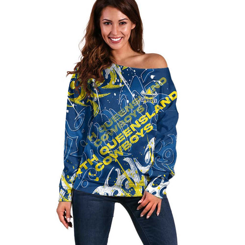 Personalized North Queensland Cowboys Rugby Off Shoulder Sweater Urban Street Graffiti Style - Distressed Splatter Elements