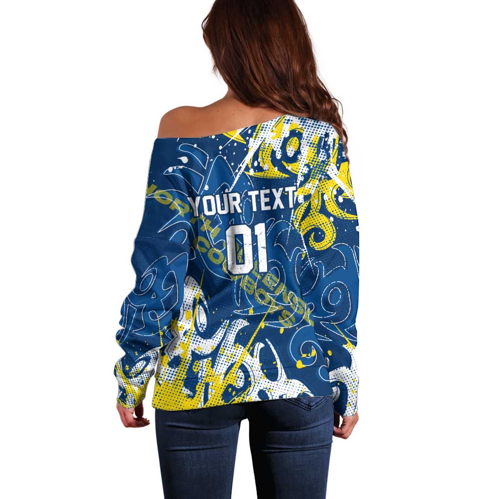 Personalized North Queensland Cowboys Rugby Off Shoulder Sweater Urban Street Graffiti Style - Distressed Splatter Elements