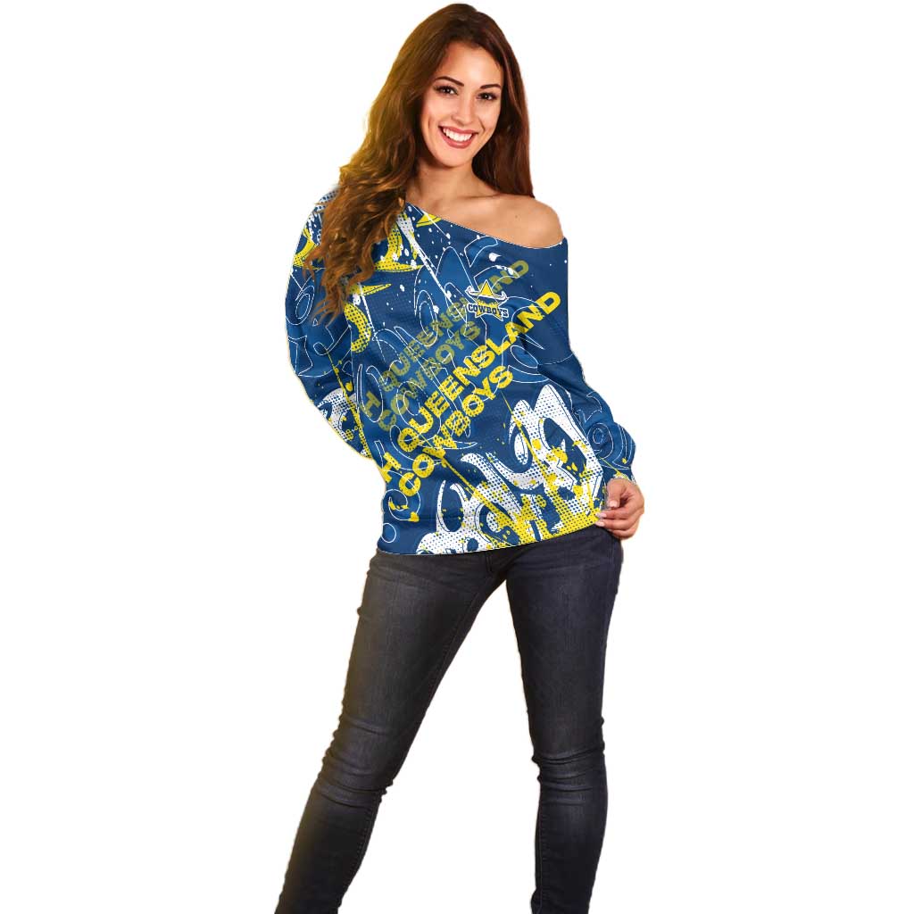 Personalized North Queensland Cowboys Rugby Off Shoulder Sweater Urban Street Graffiti Style - Distressed Splatter Elements