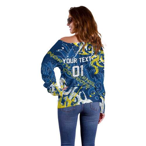 Personalized North Queensland Cowboys Rugby Off Shoulder Sweater Urban Street Graffiti Style - Distressed Splatter Elements