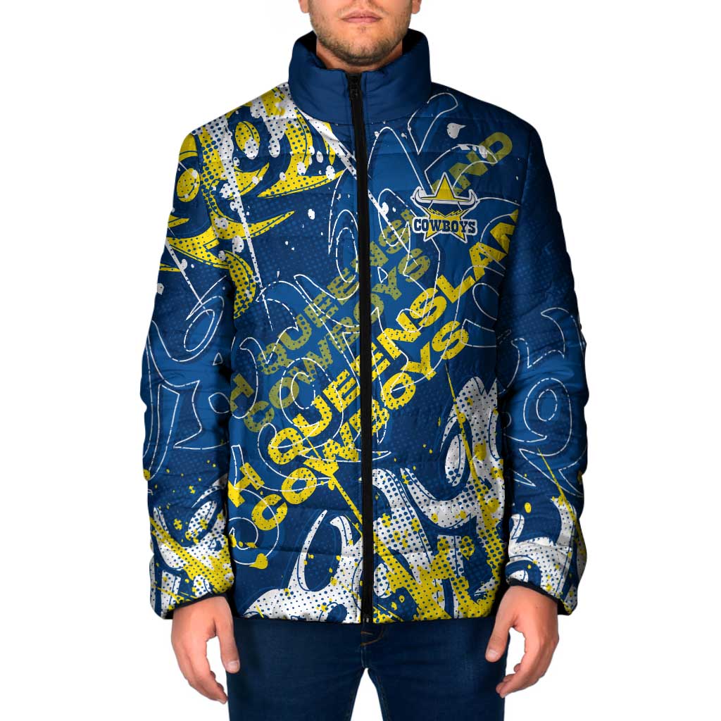 Personalized North Queensland Cowboys Rugby Padded Jacket Urban Street Graffiti Style - Distressed Splatter Elements