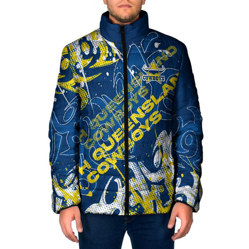 Personalized North Queensland Cowboys Rugby Padded Jacket Urban Street Graffiti Style - Distressed Splatter Elements