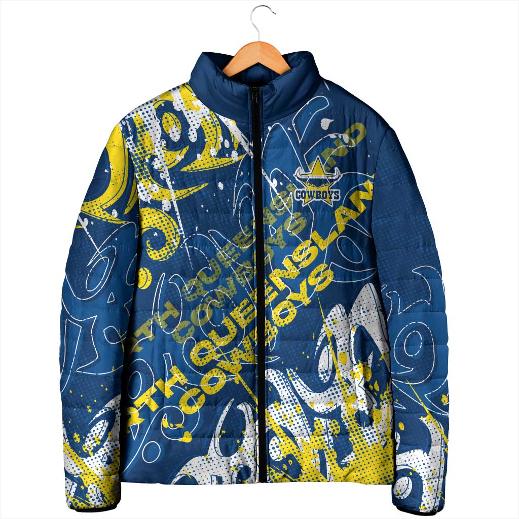 Personalized North Queensland Cowboys Rugby Padded Jacket Urban Street Graffiti Style - Distressed Splatter Elements