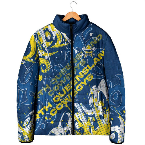 Personalized North Queensland Cowboys Rugby Padded Jacket Urban Street Graffiti Style - Distressed Splatter Elements