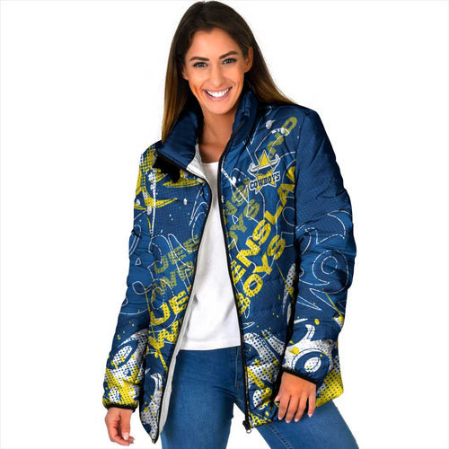 Personalized North Queensland Cowboys Rugby Padded Jacket Urban Street Graffiti Style - Distressed Splatter Elements