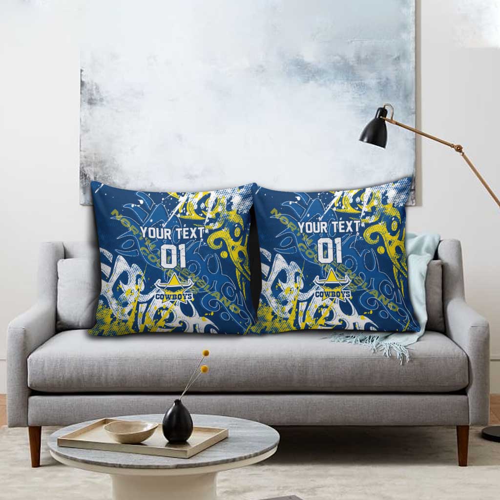 Personalized North Queensland Cowboys Rugby Pillow Cover Urban Street Graffiti Style - Distressed Splatter Elements