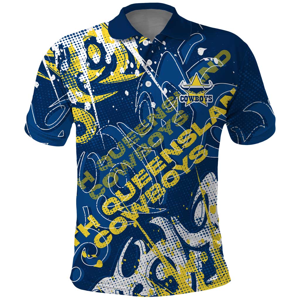 Personalized North Queensland Cowboys Rugby Polo Shirt Urban Street Graffiti Style - Distressed Splatter Elements