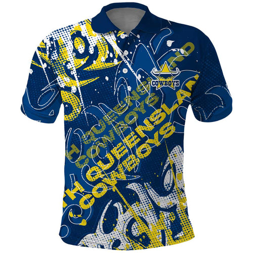 Personalized North Queensland Cowboys Rugby Polo Shirt Urban Street Graffiti Style - Distressed Splatter Elements
