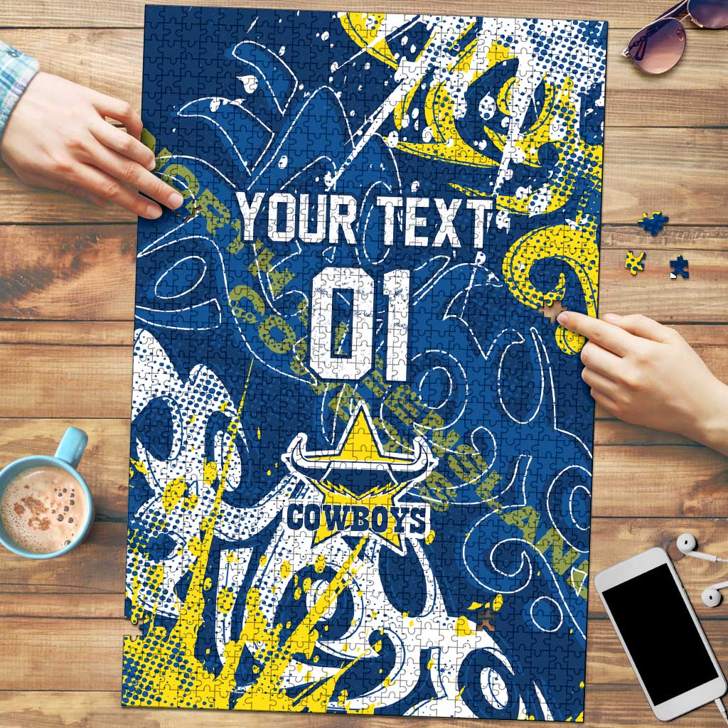 Personalized North Queensland Cowboys Rugby Puzzle Urban Street Graffiti Style - Distressed Splatter Elements