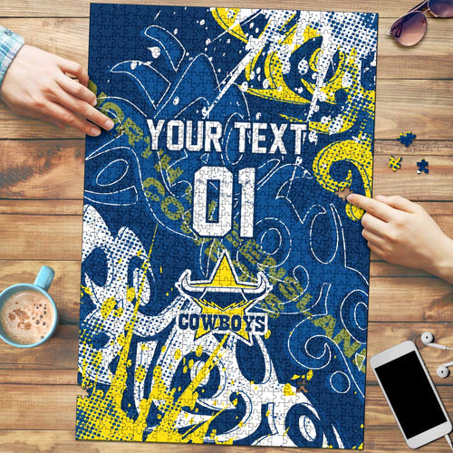 Personalized North Queensland Cowboys Rugby Puzzle Urban Street Graffiti Style - Distressed Splatter Elements