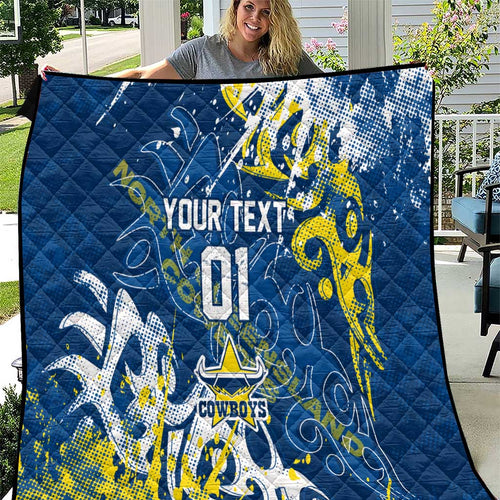 Personalized North Queensland Cowboys Rugby Quilt Urban Street Graffiti Style - Distressed Splatter Elements