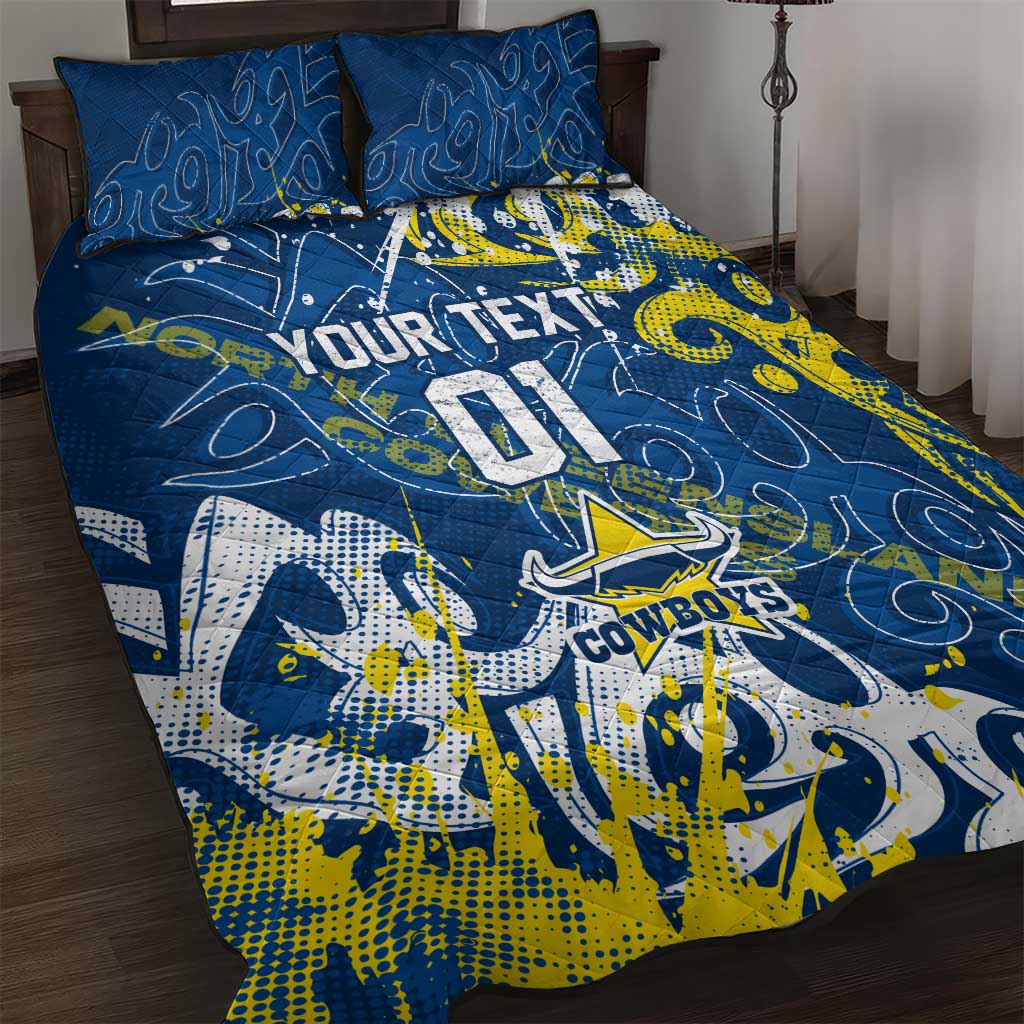 Personalized North Queensland Cowboys Rugby Quilt Bed Set Urban Street Graffiti Style - Distressed Splatter Elements