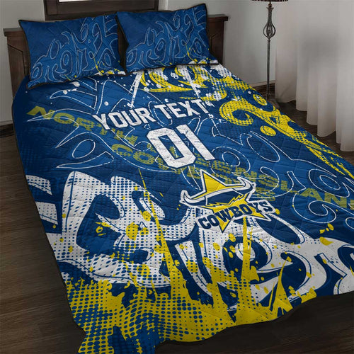 Personalized North Queensland Cowboys Rugby Quilt Bed Set Urban Street Graffiti Style - Distressed Splatter Elements