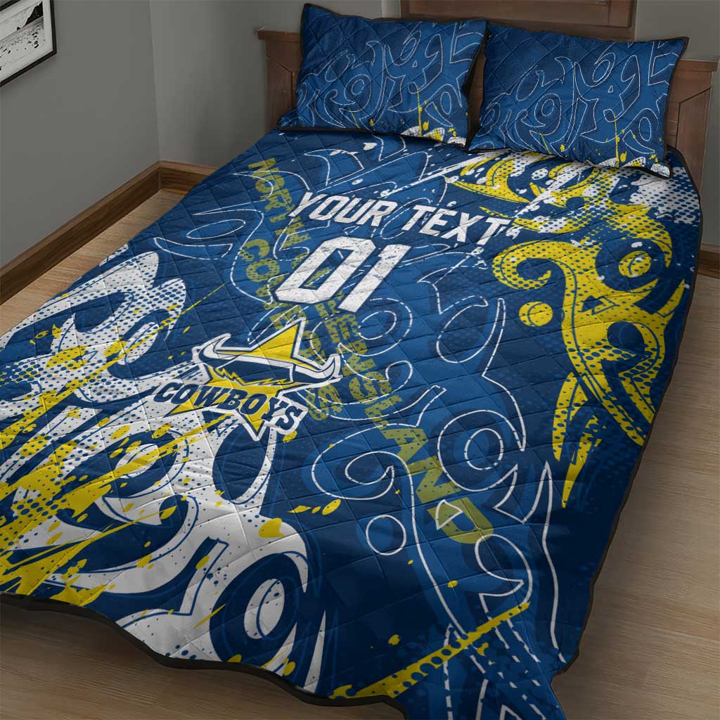 Personalized North Queensland Cowboys Rugby Quilt Bed Set Urban Street Graffiti Style - Distressed Splatter Elements
