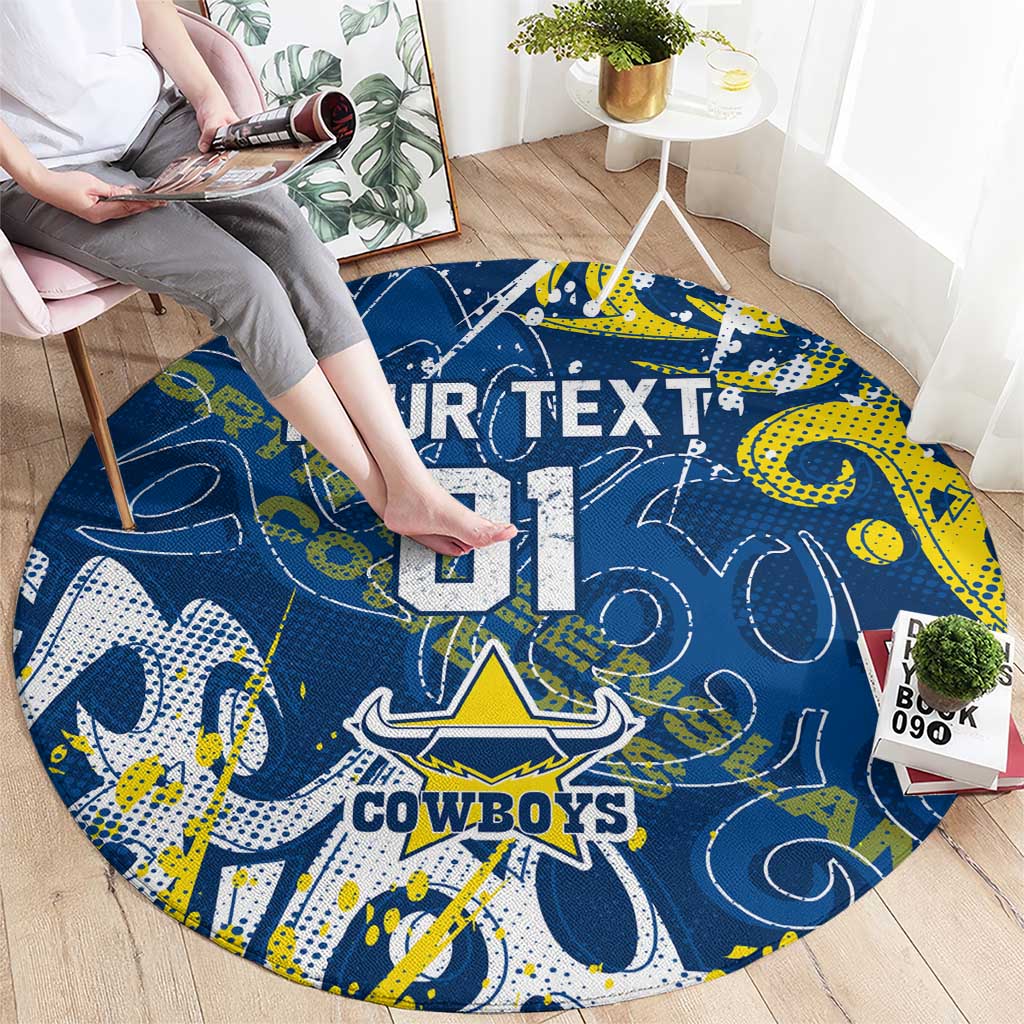 Personalized North Queensland Cowboys Rugby Round Carpet Urban Street Graffiti Style - Distressed Splatter Elements