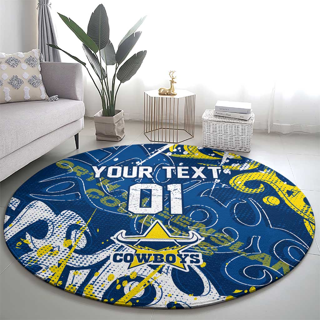 Personalized North Queensland Cowboys Rugby Round Carpet Urban Street Graffiti Style - Distressed Splatter Elements