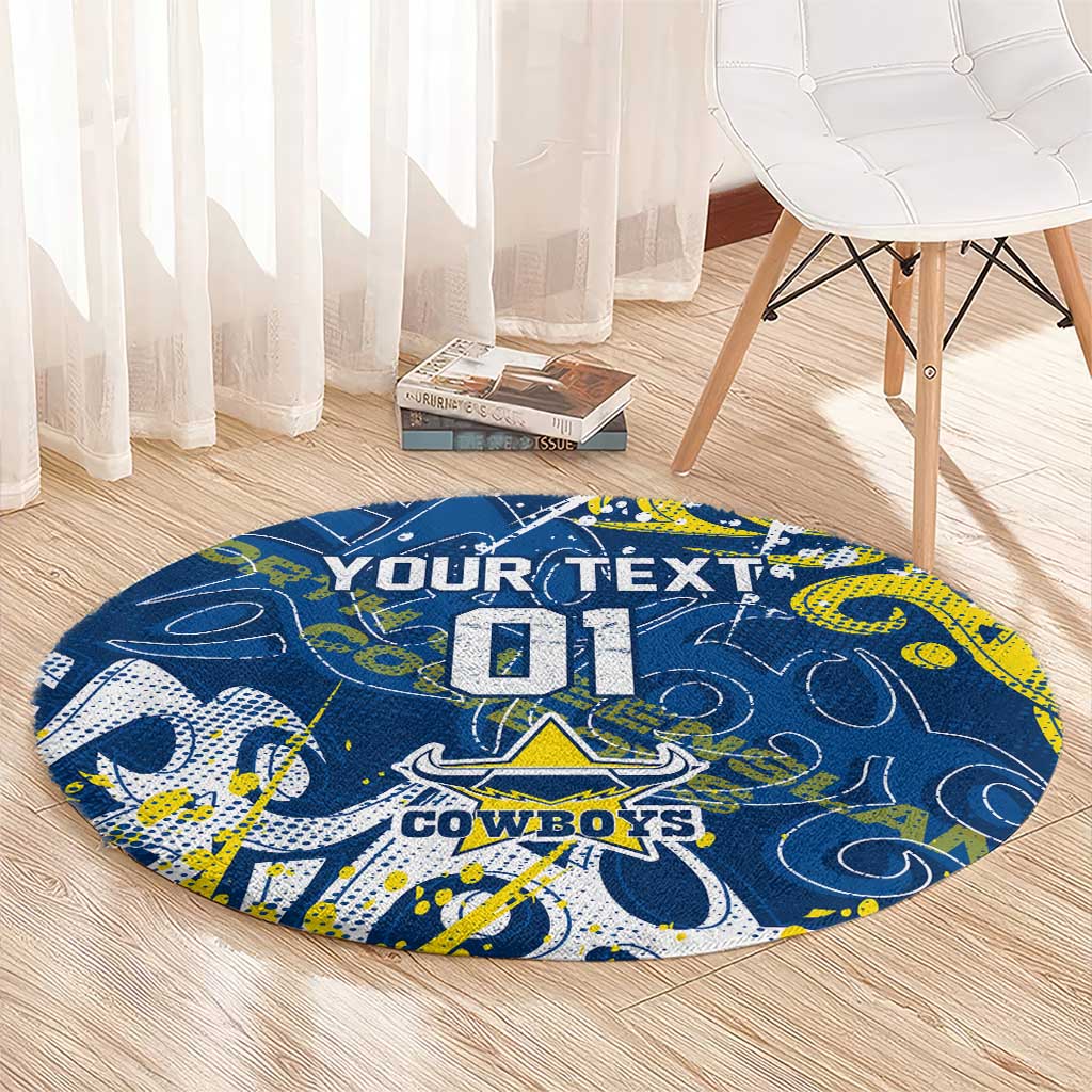 Personalized North Queensland Cowboys Rugby Round Carpet Urban Street Graffiti Style - Distressed Splatter Elements