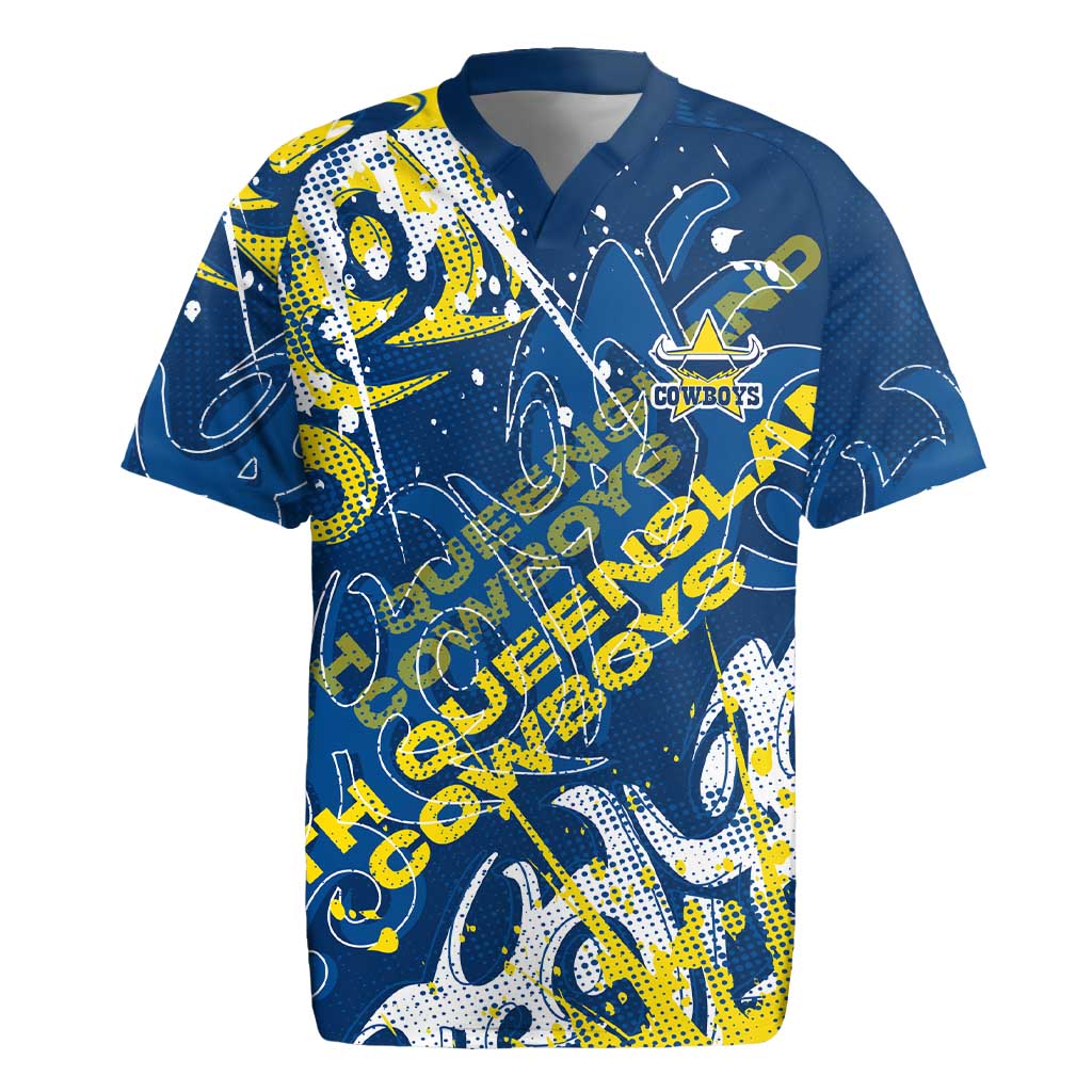 Personalized North Queensland Cowboys Rugby Rugby Jersey Urban Street Graffiti Style - Distressed Splatter Elements