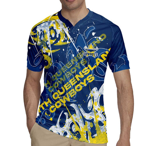 Personalized North Queensland Cowboys Rugby Rugby Jersey Urban Street Graffiti Style - Distressed Splatter Elements