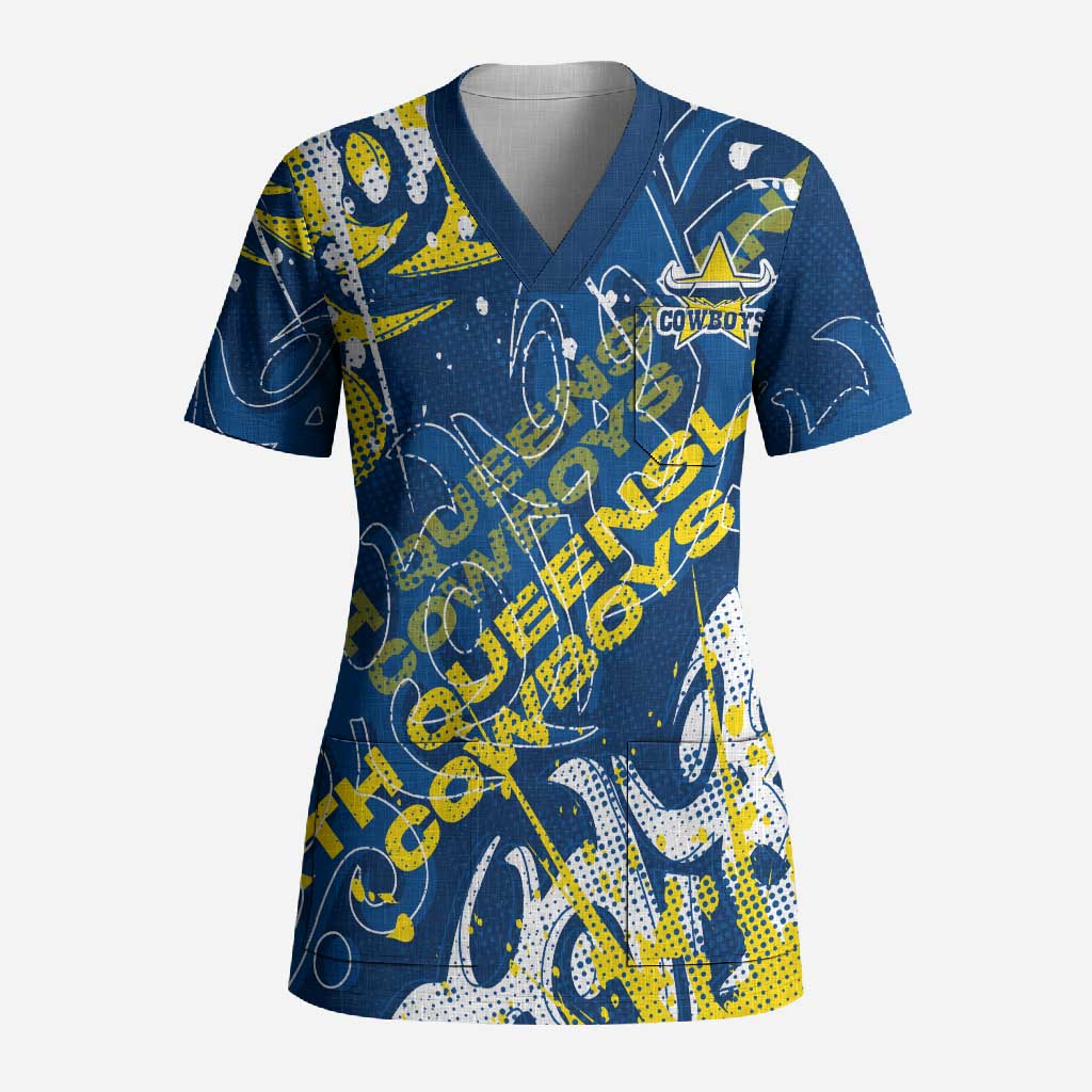 Personalized North Queensland Cowboys Rugby Scrub Top Urban Street Graffiti Style - Distressed Splatter Elements