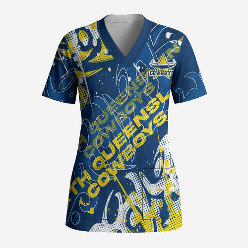 Personalized North Queensland Cowboys Rugby Scrub Top Urban Street Graffiti Style - Distressed Splatter Elements