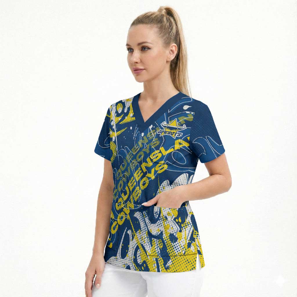Personalized North Queensland Cowboys Rugby Scrub Top Urban Street Graffiti Style - Distressed Splatter Elements