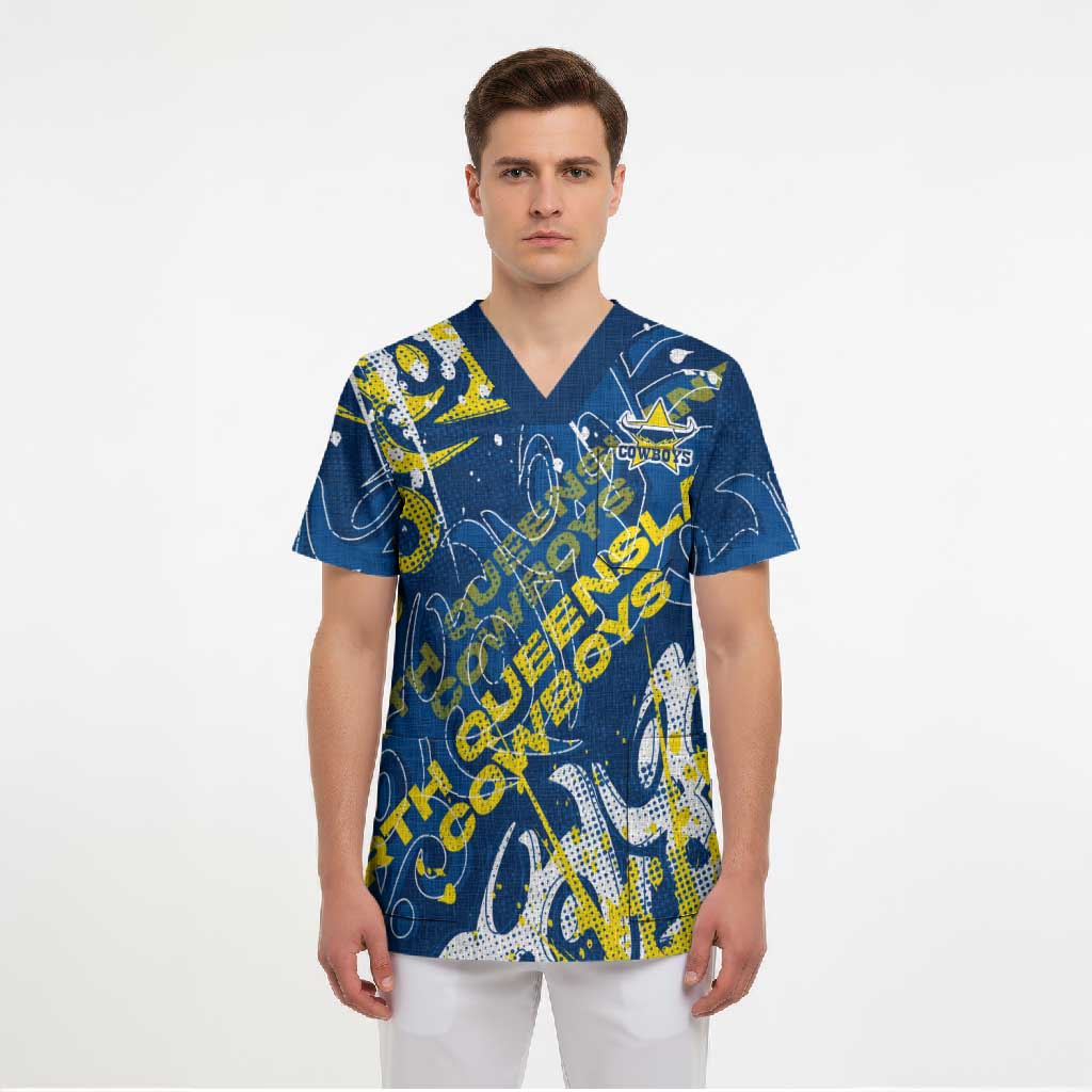 Personalized North Queensland Cowboys Rugby Scrub Top Urban Street Graffiti Style - Distressed Splatter Elements