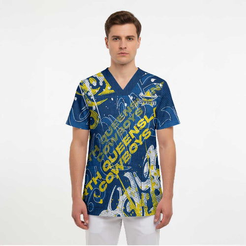 Personalized North Queensland Cowboys Rugby Scrub Top Urban Street Graffiti Style - Distressed Splatter Elements