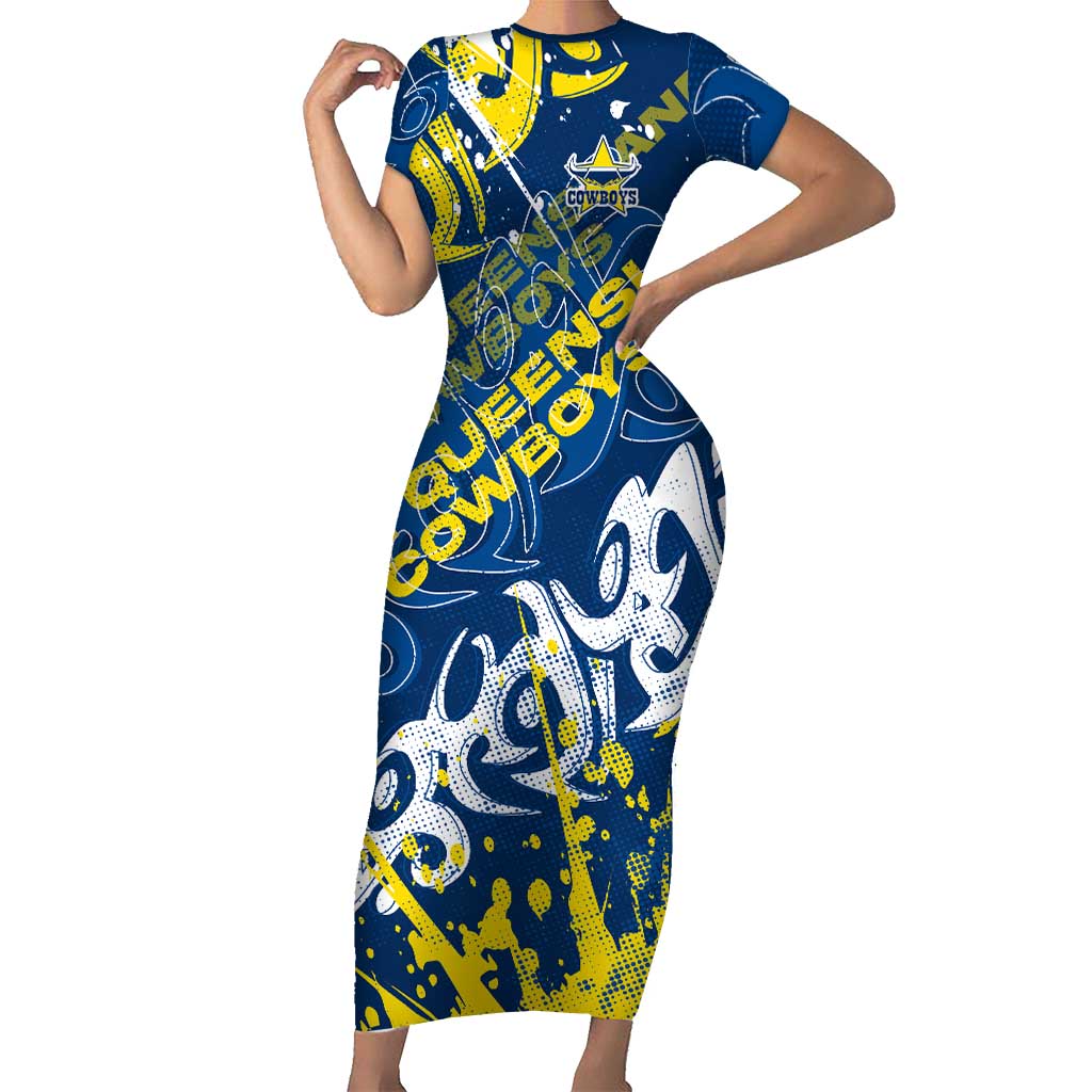 Personalized North Queensland Cowboys Rugby Short Sleeve Bodycon Dress Urban Street Graffiti Style - Distressed Splatter Elements