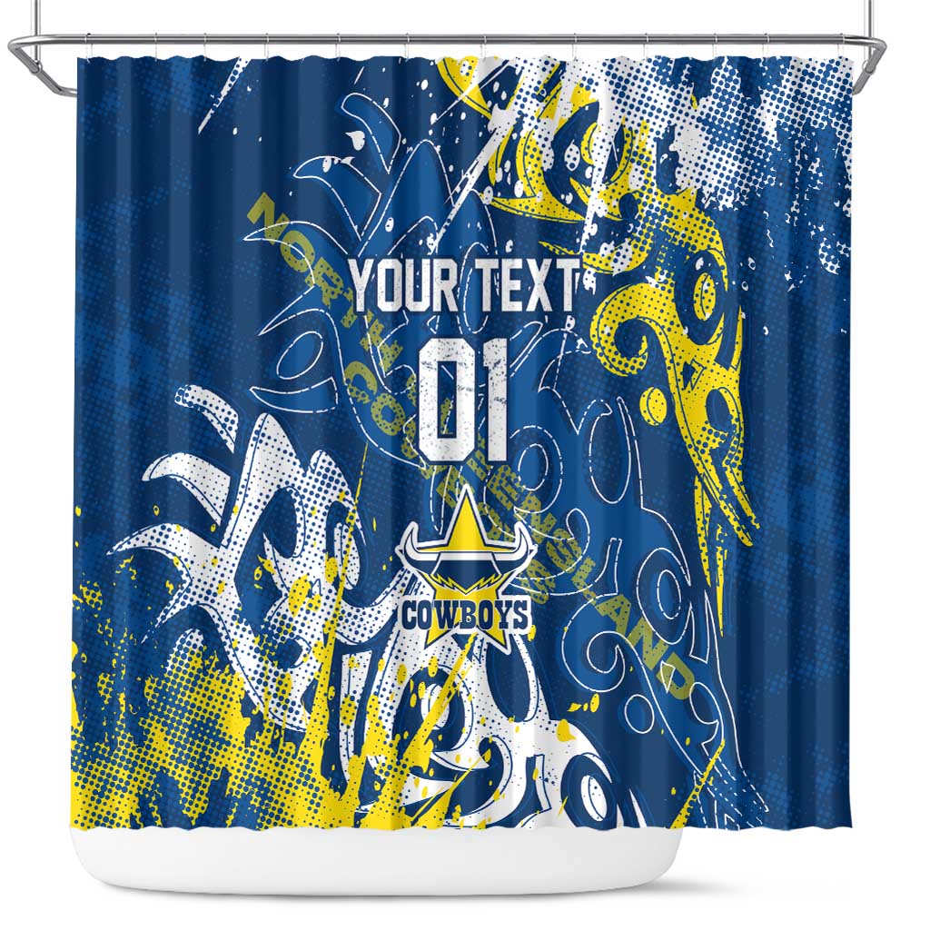 Personalized North Queensland Cowboys Rugby Shower Curtain Urban Street Graffiti Style - Distressed Splatter Elements