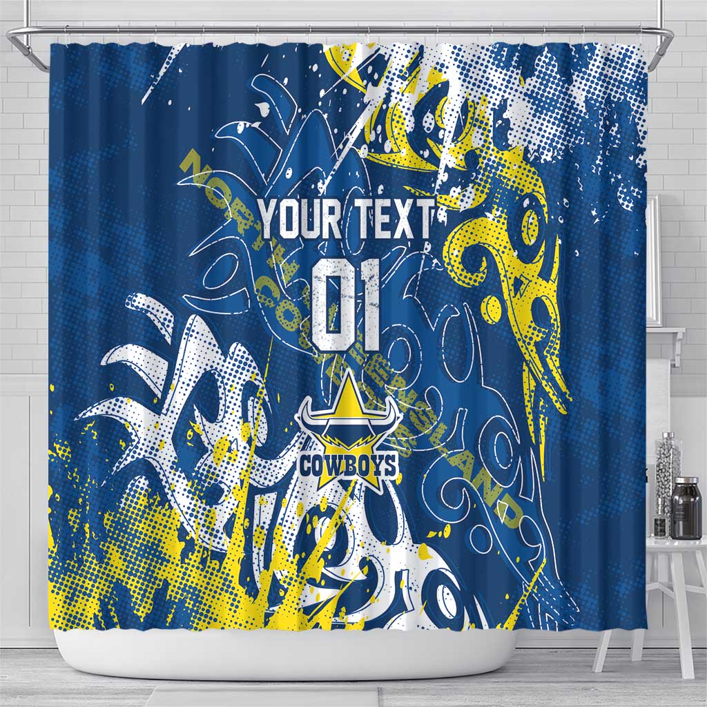 Personalized North Queensland Cowboys Rugby Shower Curtain Urban Street Graffiti Style - Distressed Splatter Elements