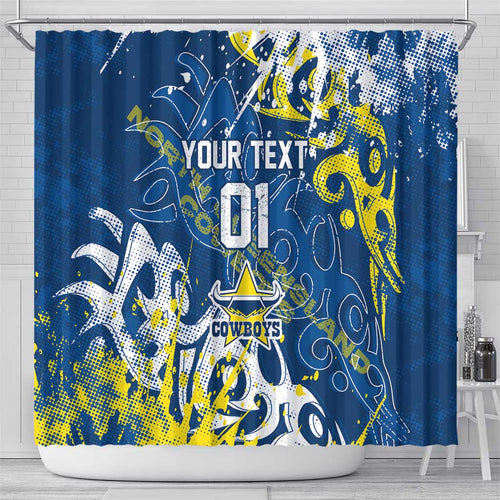 Personalized North Queensland Cowboys Rugby Shower Curtain Urban Street Graffiti Style - Distressed Splatter Elements