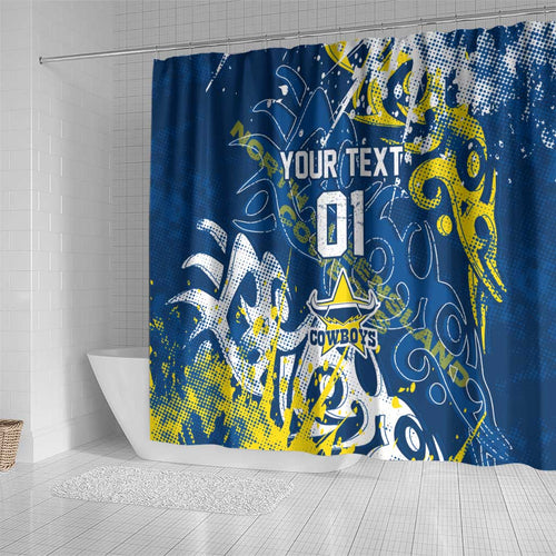 Personalized North Queensland Cowboys Rugby Shower Curtain Urban Street Graffiti Style - Distressed Splatter Elements