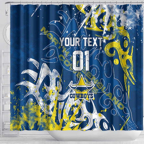Personalized North Queensland Cowboys Rugby Shower Curtain Urban Street Graffiti Style - Distressed Splatter Elements