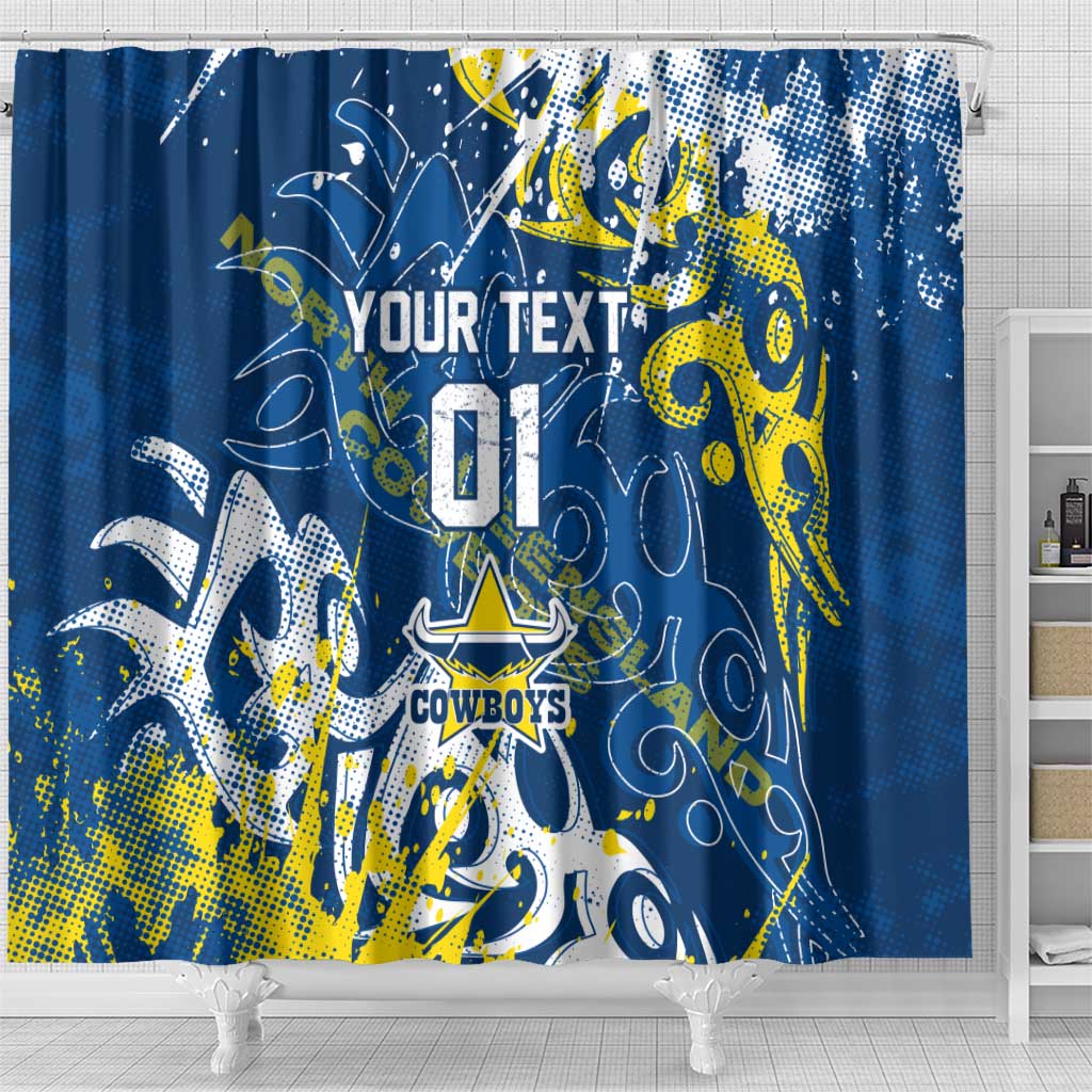 Personalized North Queensland Cowboys Rugby Shower Curtain Urban Street Graffiti Style - Distressed Splatter Elements