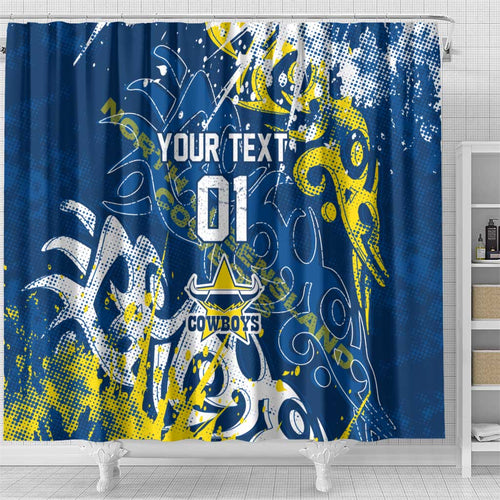 Personalized North Queensland Cowboys Rugby Shower Curtain Urban Street Graffiti Style - Distressed Splatter Elements