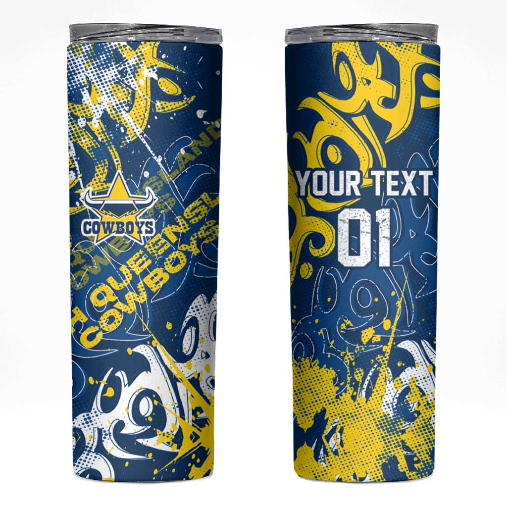 Personalized North Queensland Cowboys Rugby Skinny Tumbler Urban Street Graffiti Style - Distressed Splatter Elements