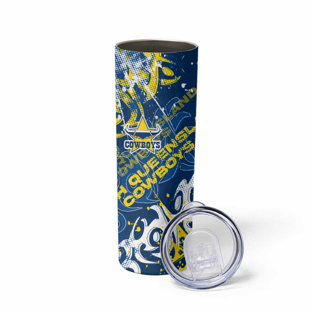 Personalized North Queensland Cowboys Rugby Skinny Tumbler Urban Street Graffiti Style - Distressed Splatter Elements