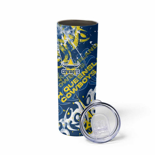 Personalized North Queensland Cowboys Rugby Skinny Tumbler Urban Street Graffiti Style - Distressed Splatter Elements