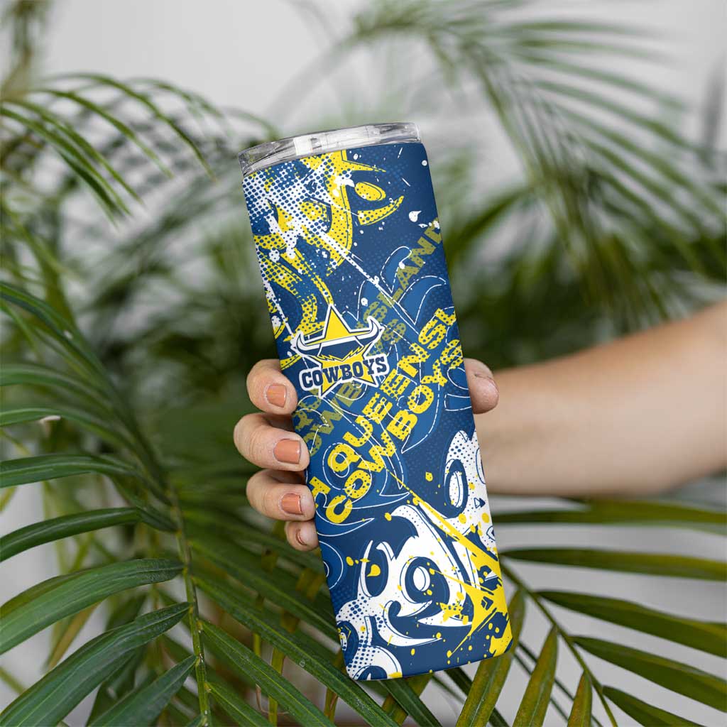 Personalized North Queensland Cowboys Rugby Skinny Tumbler Urban Street Graffiti Style - Distressed Splatter Elements