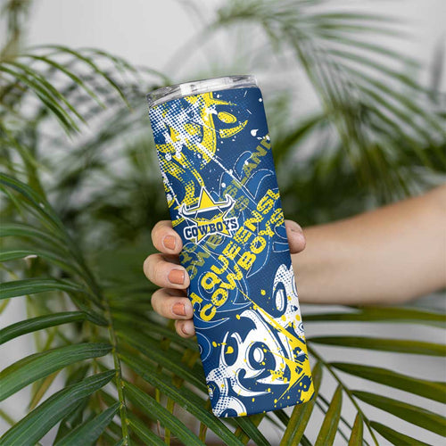 Personalized North Queensland Cowboys Rugby Skinny Tumbler Urban Street Graffiti Style - Distressed Splatter Elements