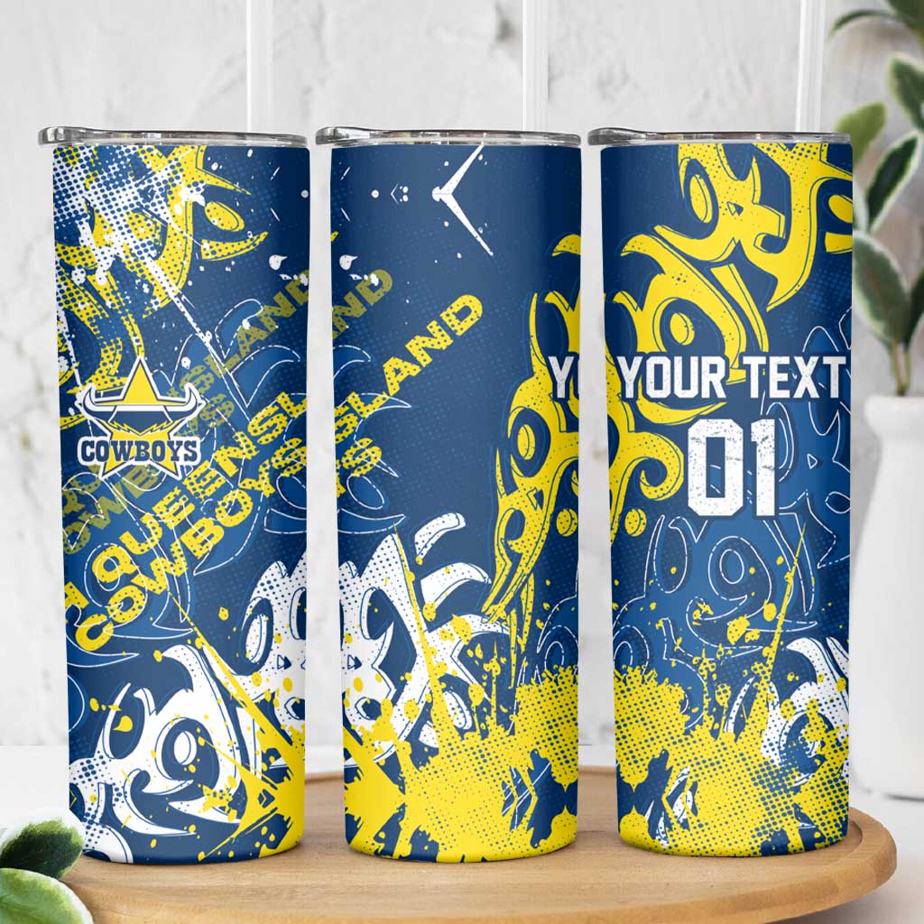 Personalized North Queensland Cowboys Rugby Skinny Tumbler Urban Street Graffiti Style - Distressed Splatter Elements