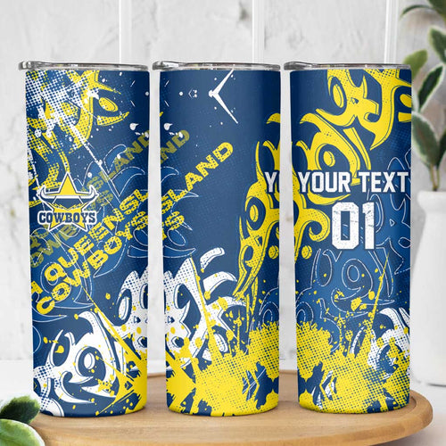 Personalized North Queensland Cowboys Rugby Skinny Tumbler Urban Street Graffiti Style - Distressed Splatter Elements