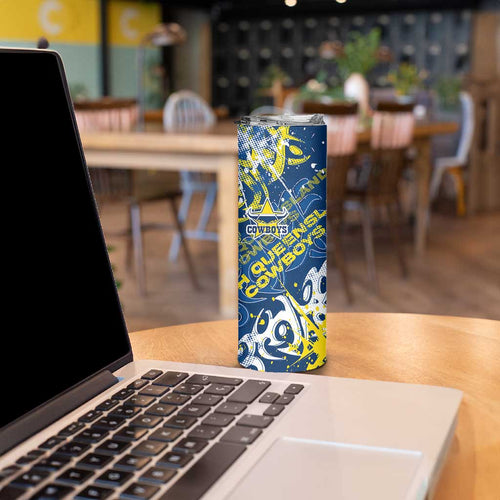 Personalized North Queensland Cowboys Rugby Skinny Tumbler Urban Street Graffiti Style - Distressed Splatter Elements