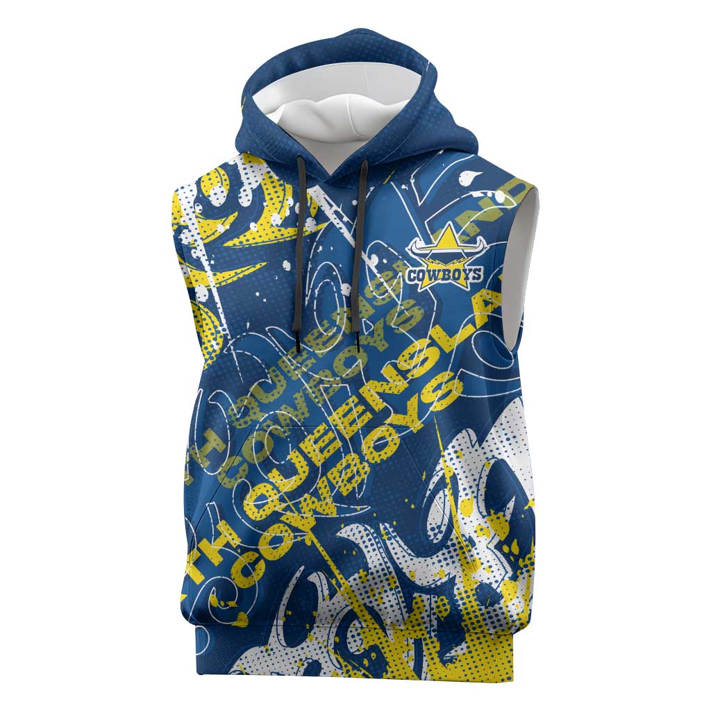 Personalized North Queensland Cowboys Rugby Sleeveless Hoodie Urban Street Graffiti Style - Distressed Splatter Elements