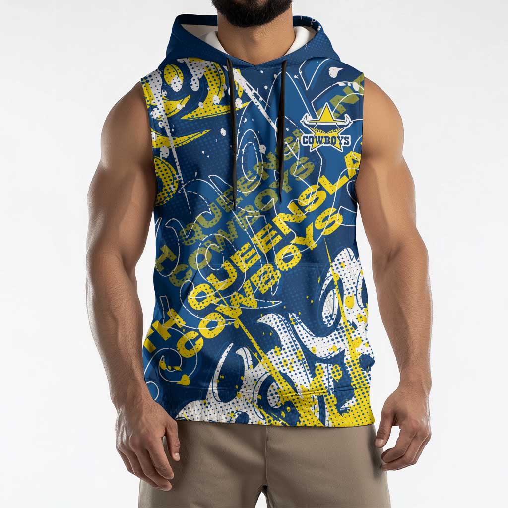Personalized North Queensland Cowboys Rugby Sleeveless Hoodie Urban Street Graffiti Style - Distressed Splatter Elements