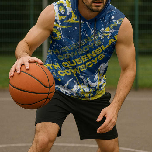 Personalized North Queensland Cowboys Rugby Sleeveless Hoodie Urban Street Graffiti Style - Distressed Splatter Elements